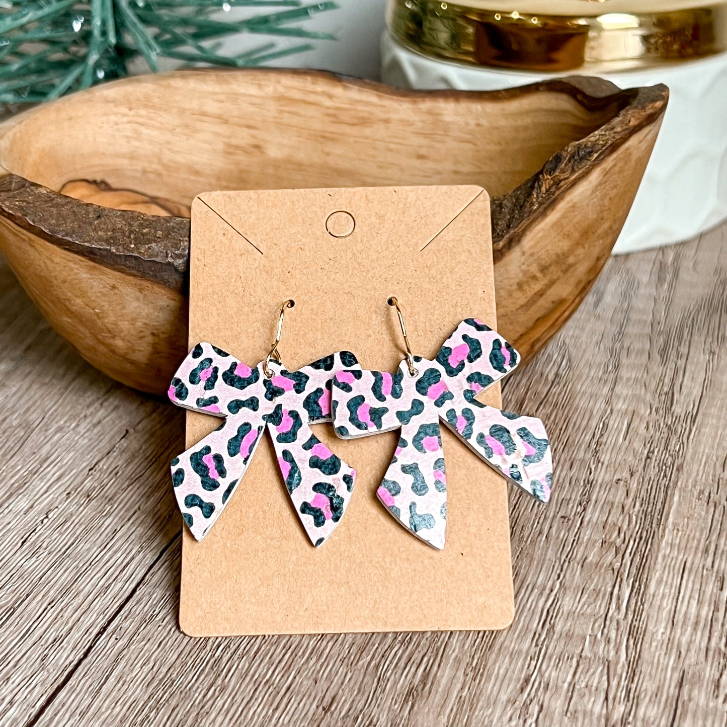 Pink Animal Print Bow Genuine Leather Earrings