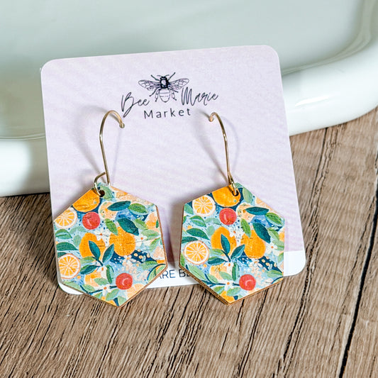 Citrus Grove Hexagon Leather Earrings