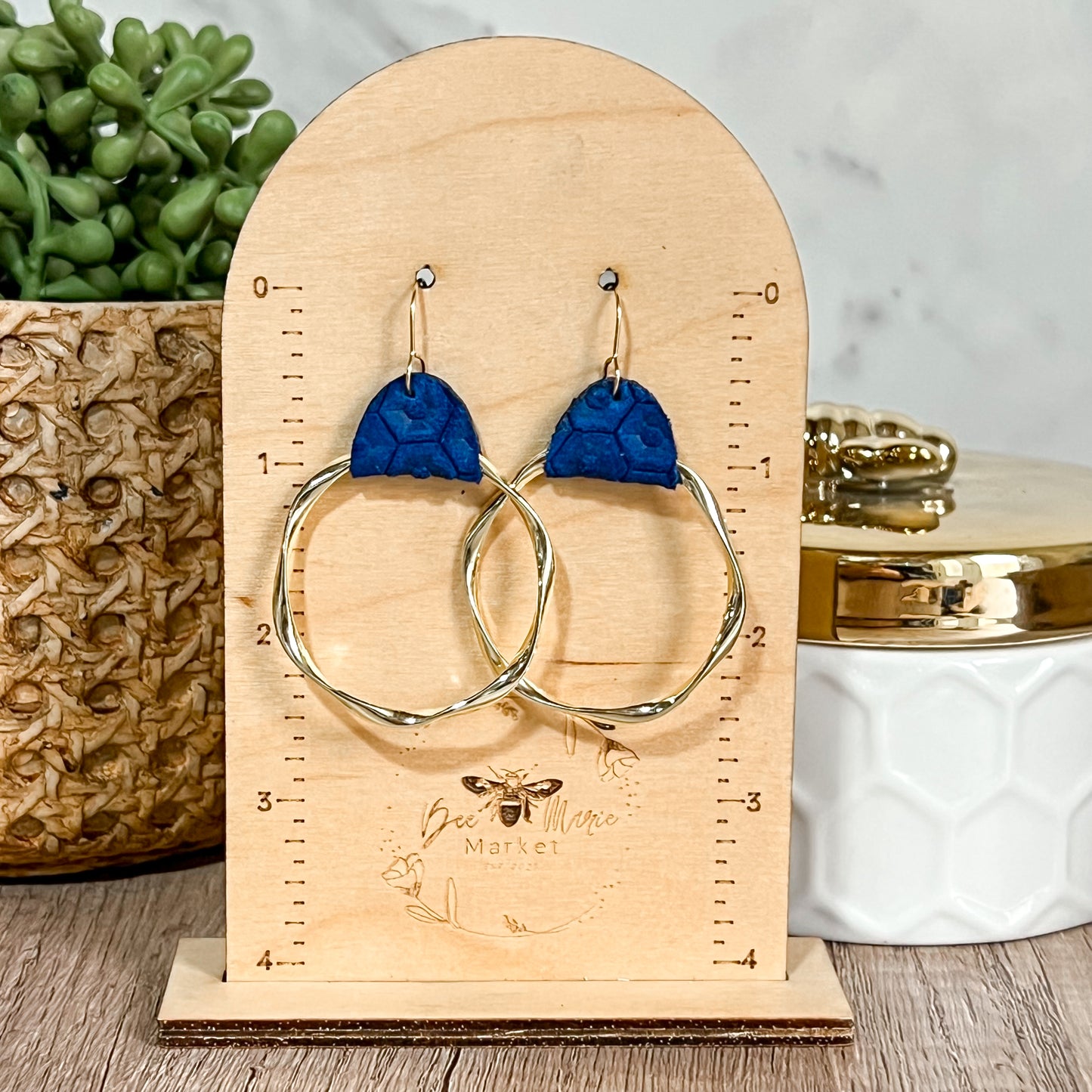 Blue Embossed Leather Twisted Hoops