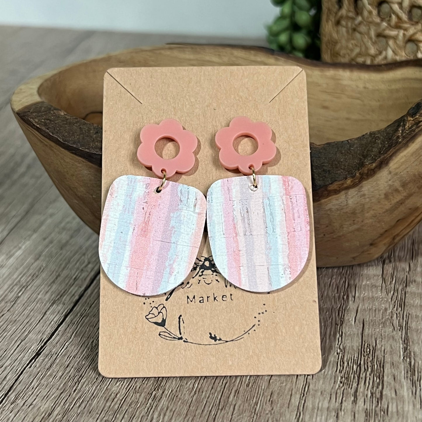 Pastel Striped Pink Floral Stud Earrings
