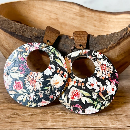 Black Floral FB Leather Hoops