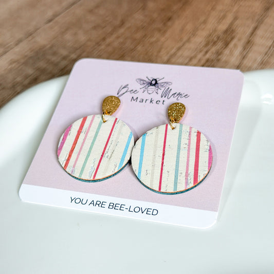 Pastel Stripe Cork Round Earrings