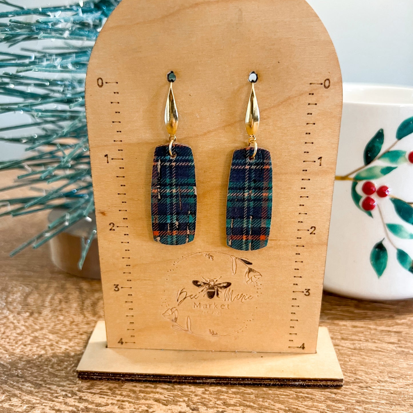 Green Tartan Leather Bar Earrings