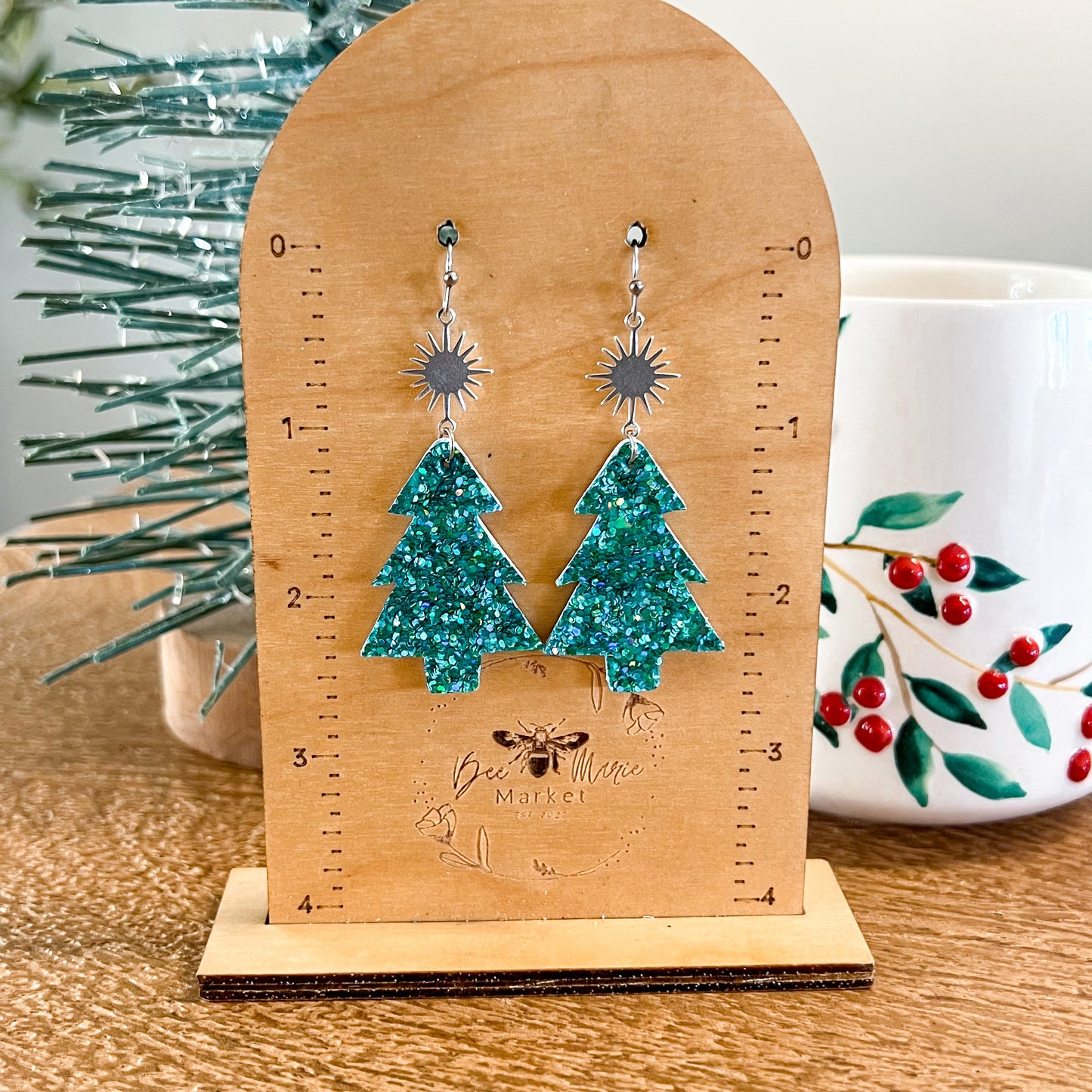 Teal Glitter & Star Christmas Tree Earrings