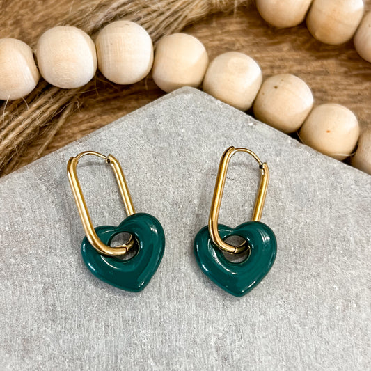 Deep Green Sweetheart Charm Hoops