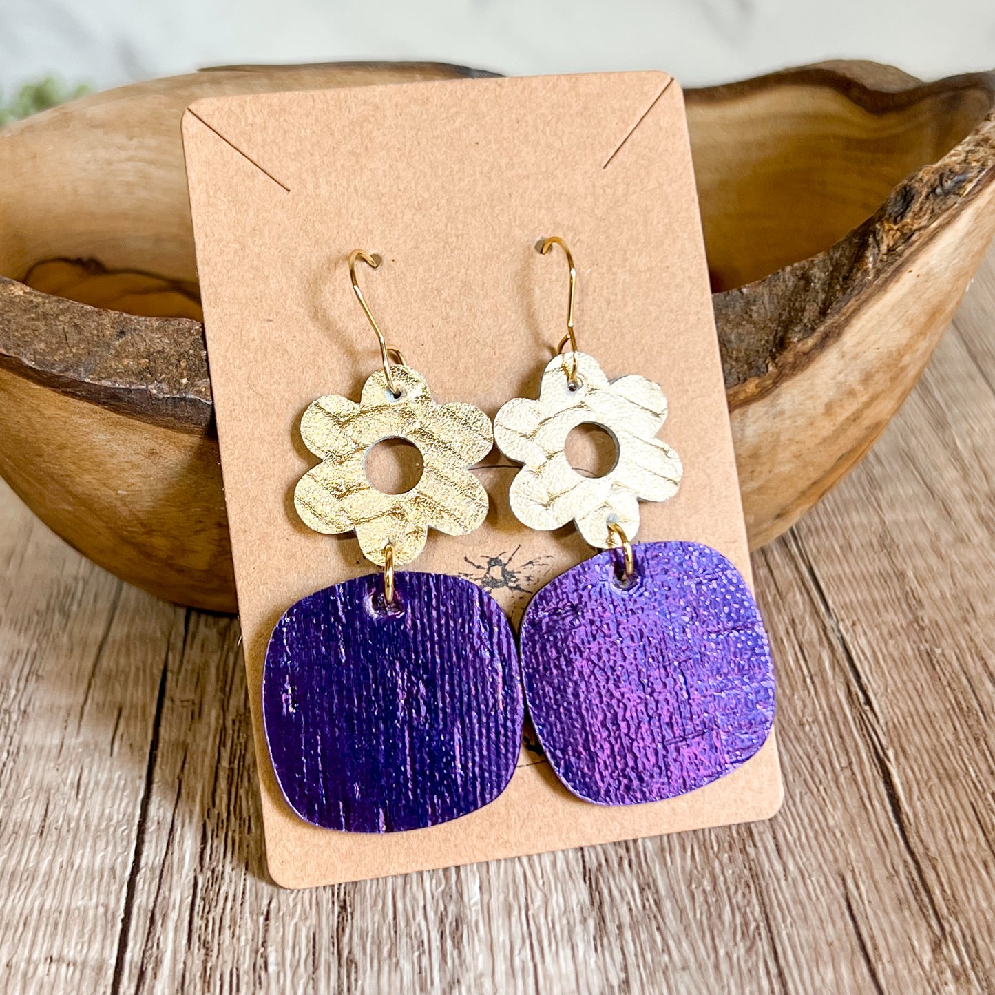 Golden Bloom & Violet Leather Earrings