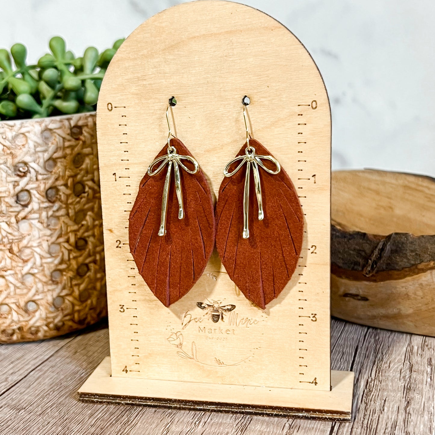 Fall Fringe Bow Leaf Earrings - Rust & Silver