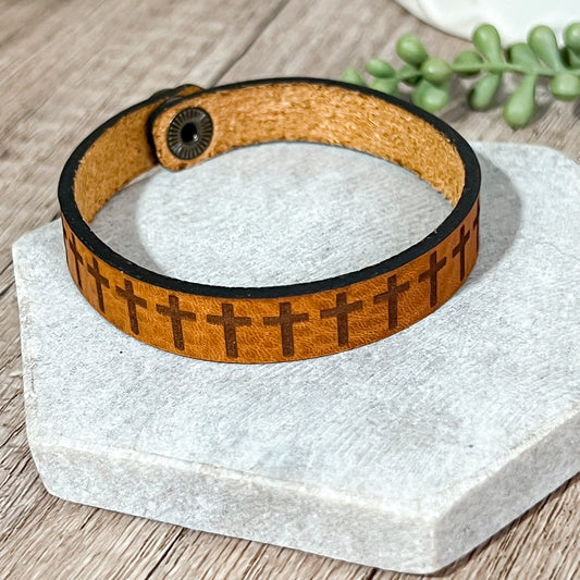 Row of Crosses Leather Bracelet