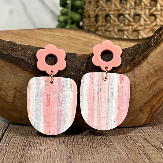 Pastel Striped Pink Floral Stud Earrings
