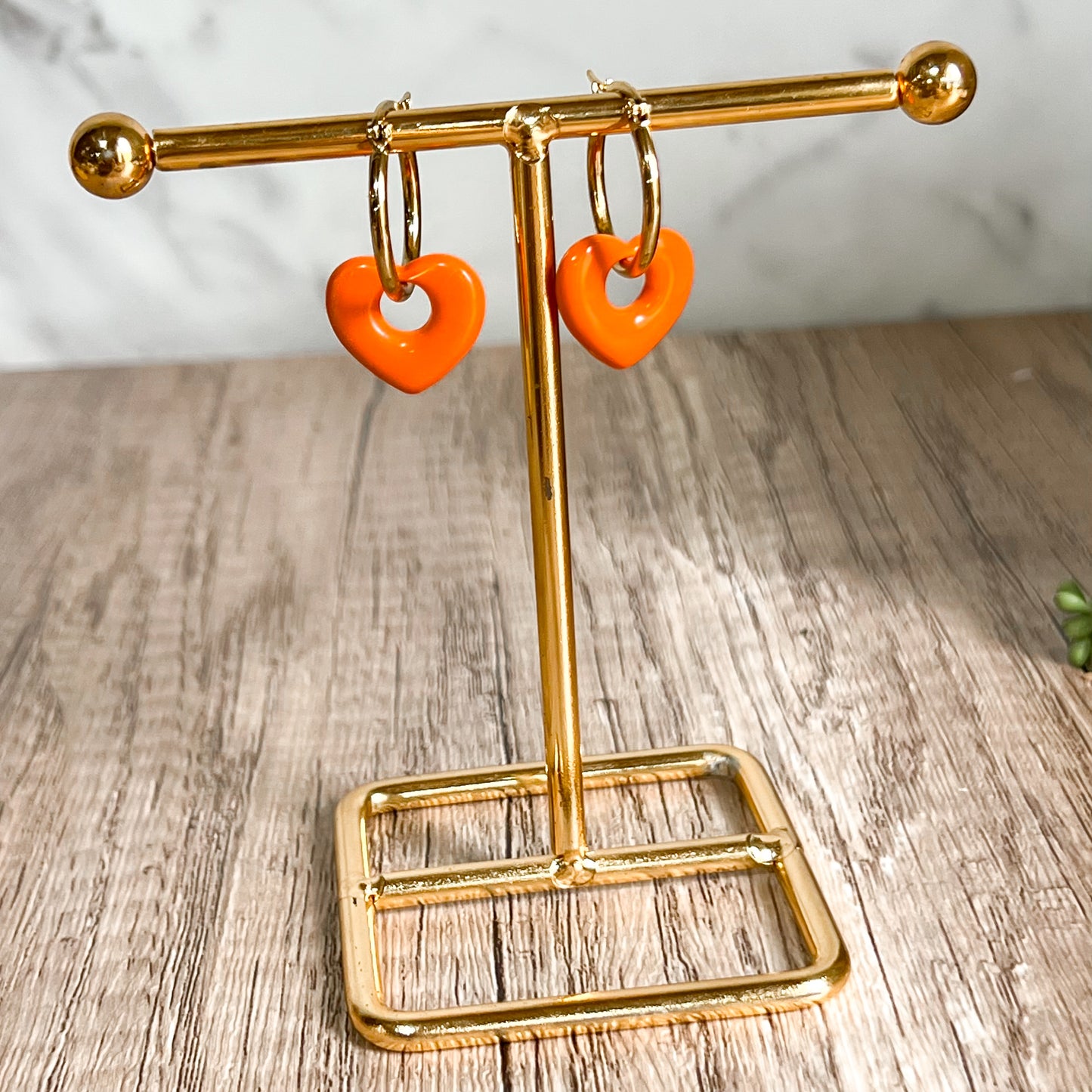 Golden Hoops with Orange Hearts