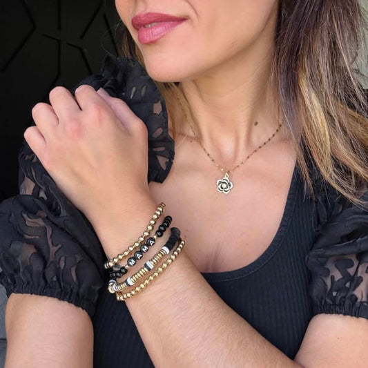 Mama Black Beaded Stacked Bracelet Set