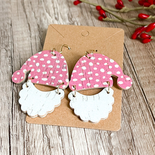 Handmade Pink Polka Dot Santa Hat/Beard Earrings