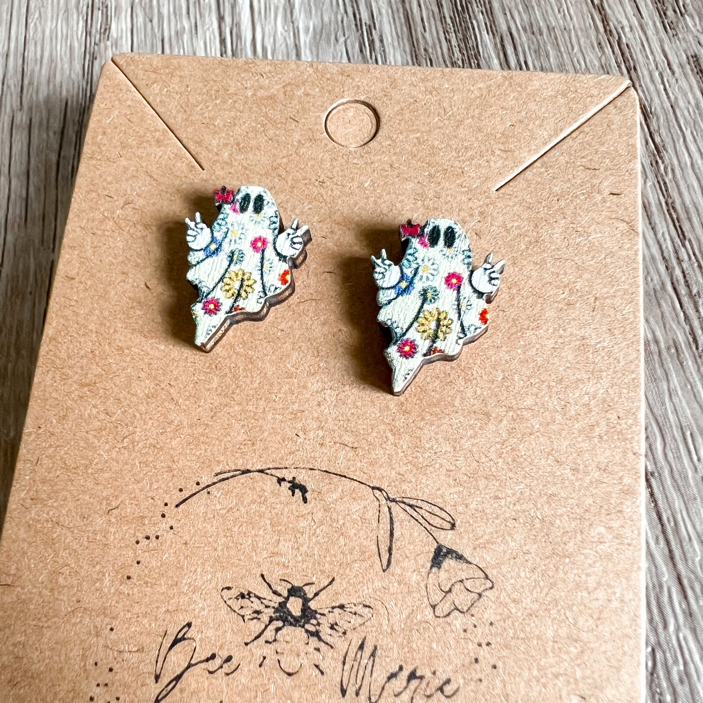 Peace Sign Flower Ghost Wood Stud Earrings