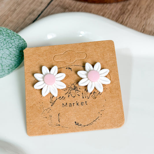 White & Pink Clay Daisy Studs