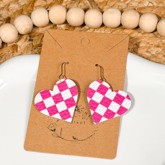 Pink Check Heart Earrings