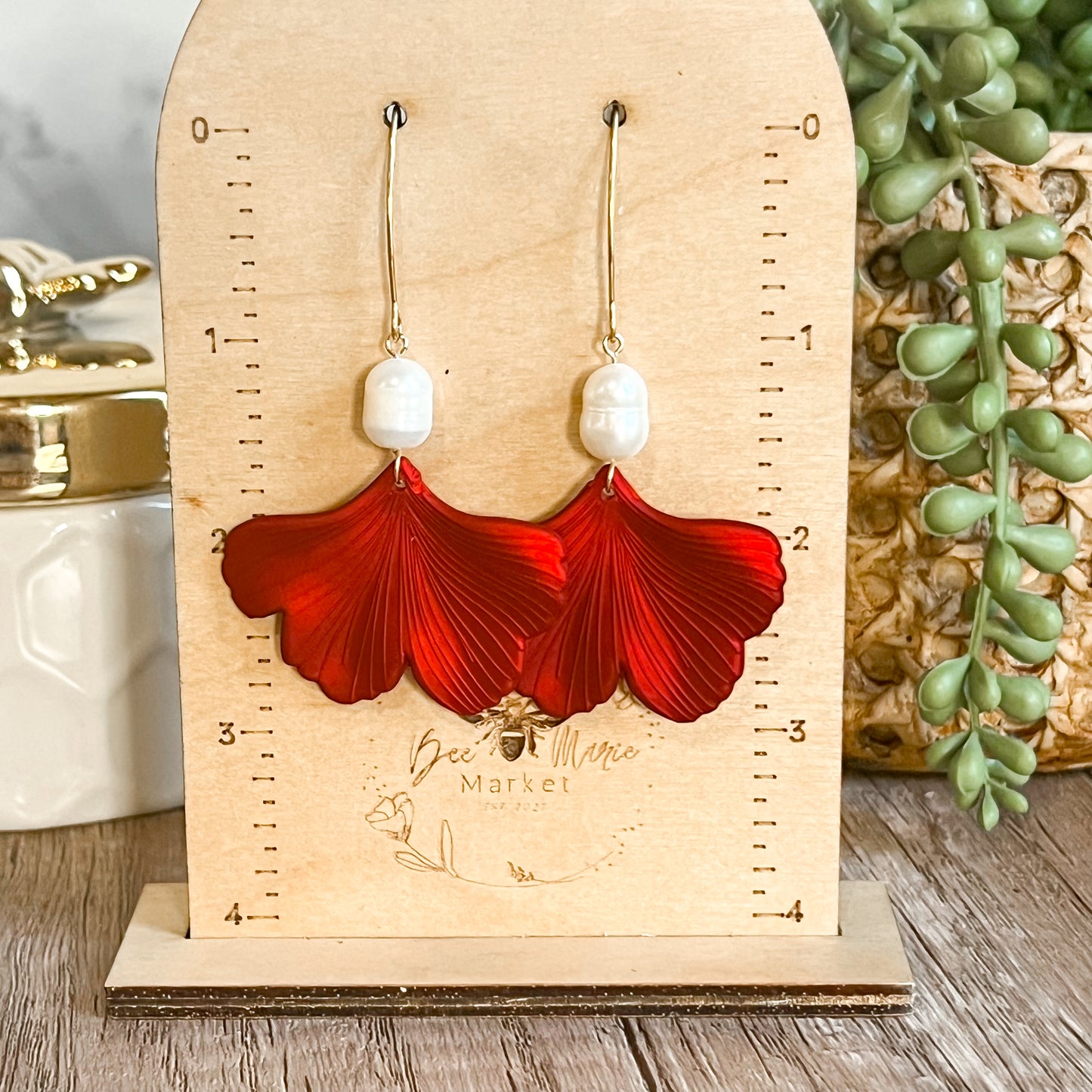 Brittney Red Leaf Pearl Drop Earrings