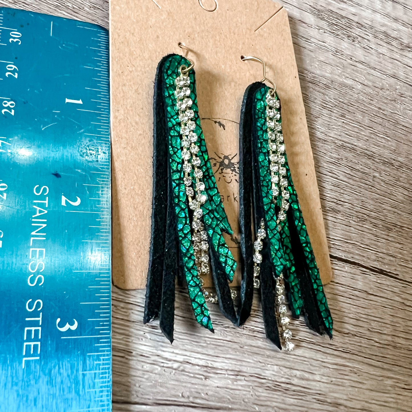 Emerald Cracked Metallic Rhinestone Fringe Earrings