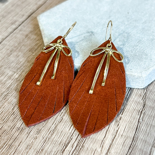 Fall Fringe Bow Leaf Earrings - Rust & Silver