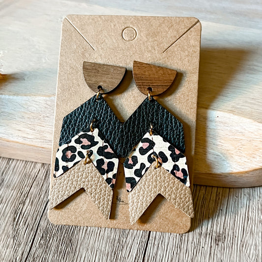 Tiered Black Animal Print Neutral Arrow Earrings