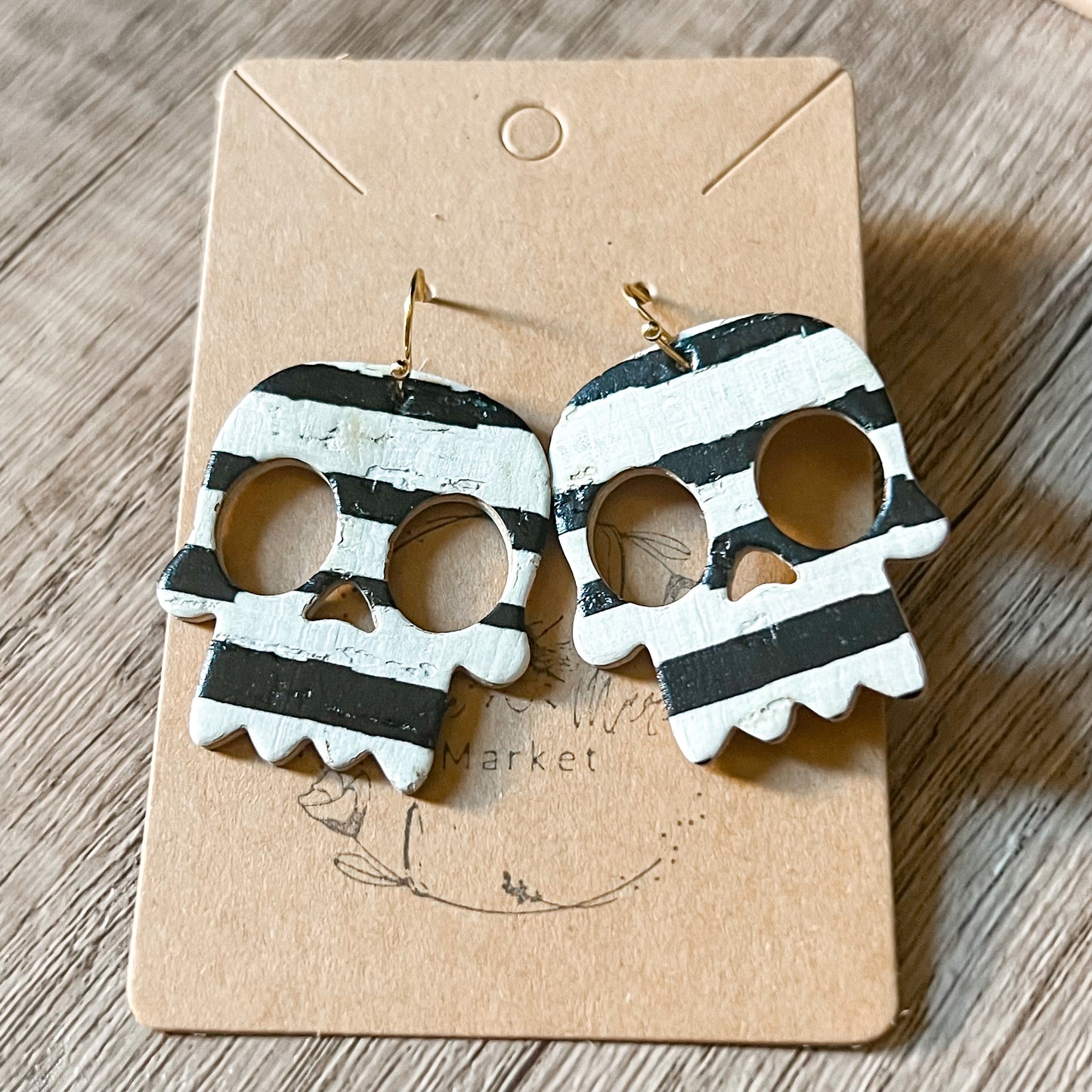 Black & White Stripe Skull Earrings