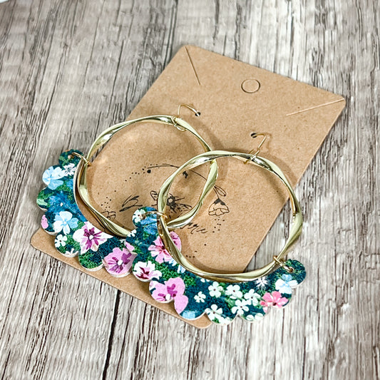 Floral Genuine Leather Ruffle Hoop Earrings