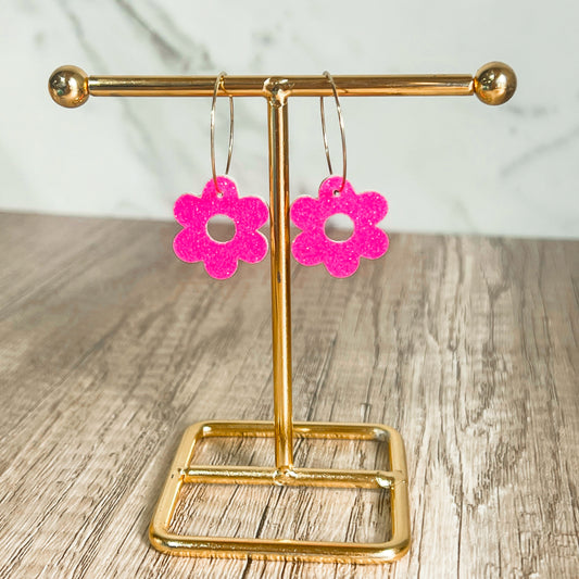 Neon Pink Glitter Flower Hoops