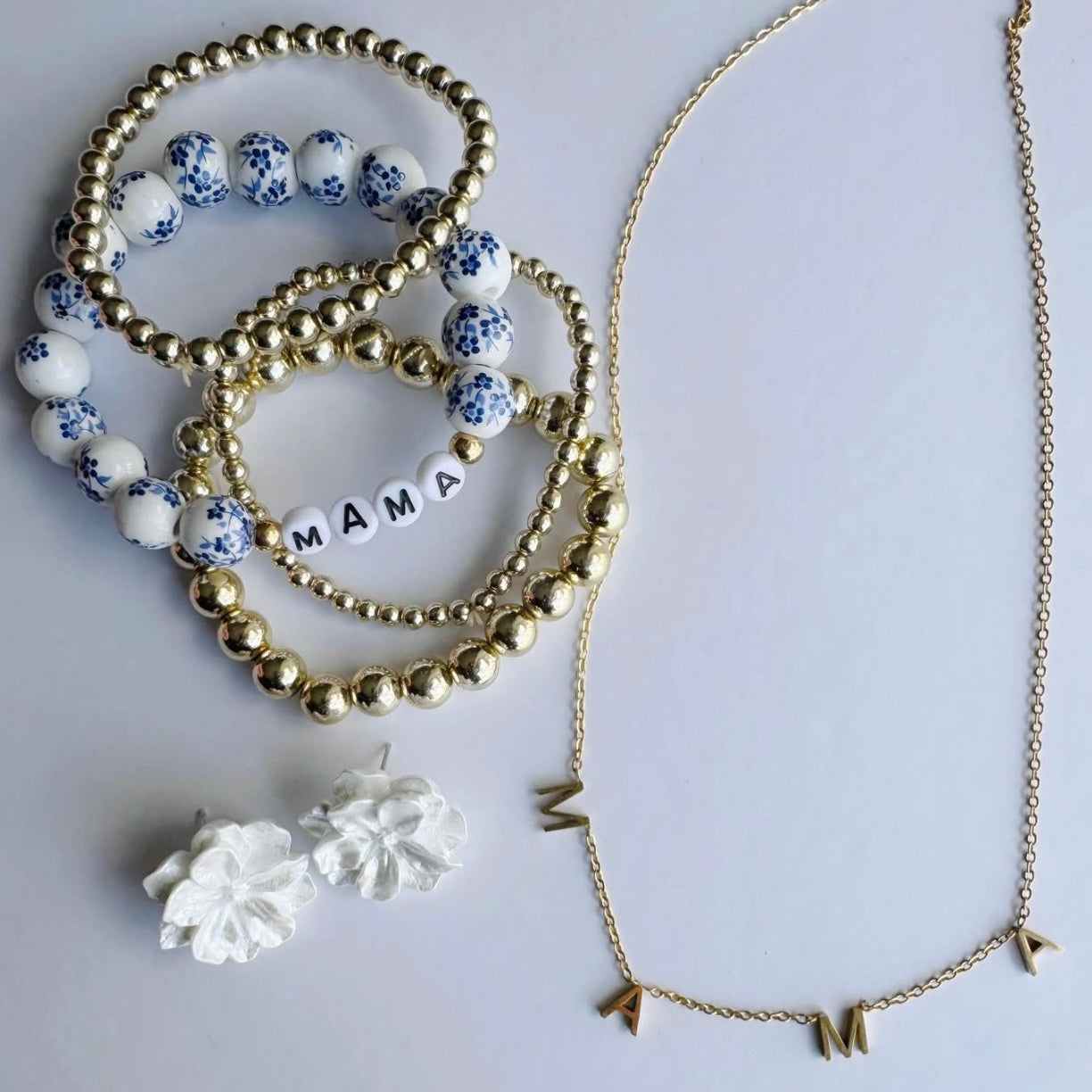 Mama Blue & White Beaded Stacked Bracelet Set