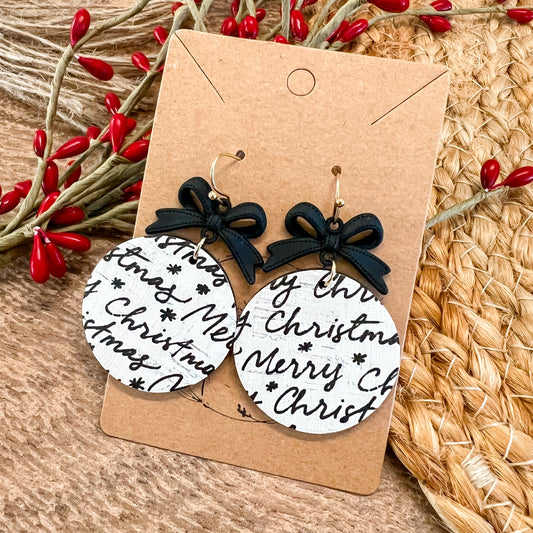 Christmas Script Black Bow Woven Earrings
