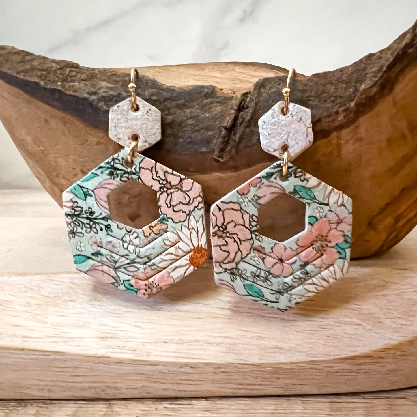 Floral Hexy Dangle Embossed Earrings