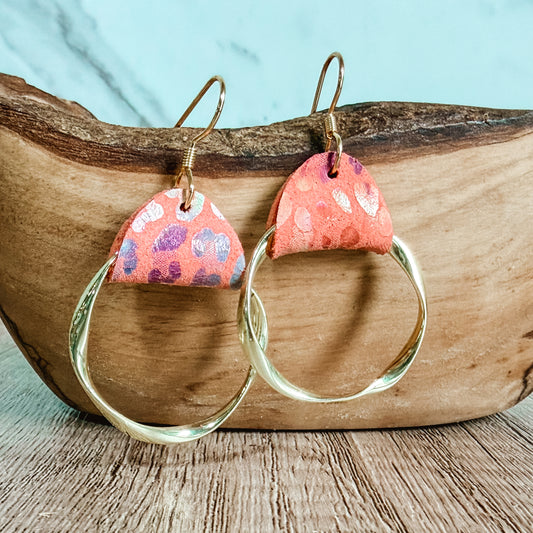 Peach Animal Print Twisted Gold Hoops