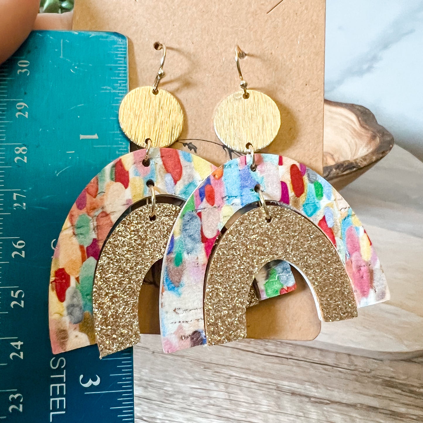Double Rainbow Confetti & Gold Glitter Earrings