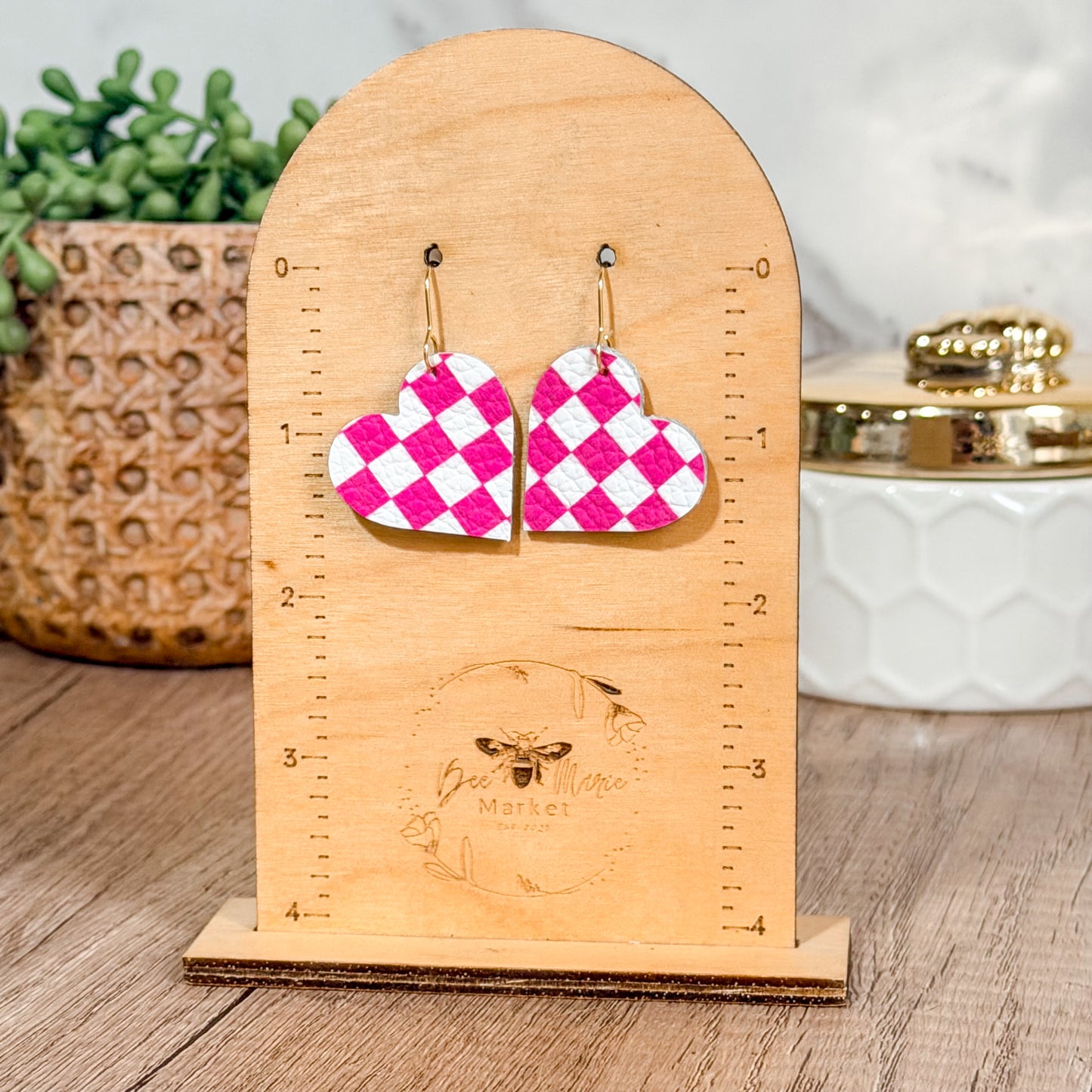 Pink Check Heart Earrings
