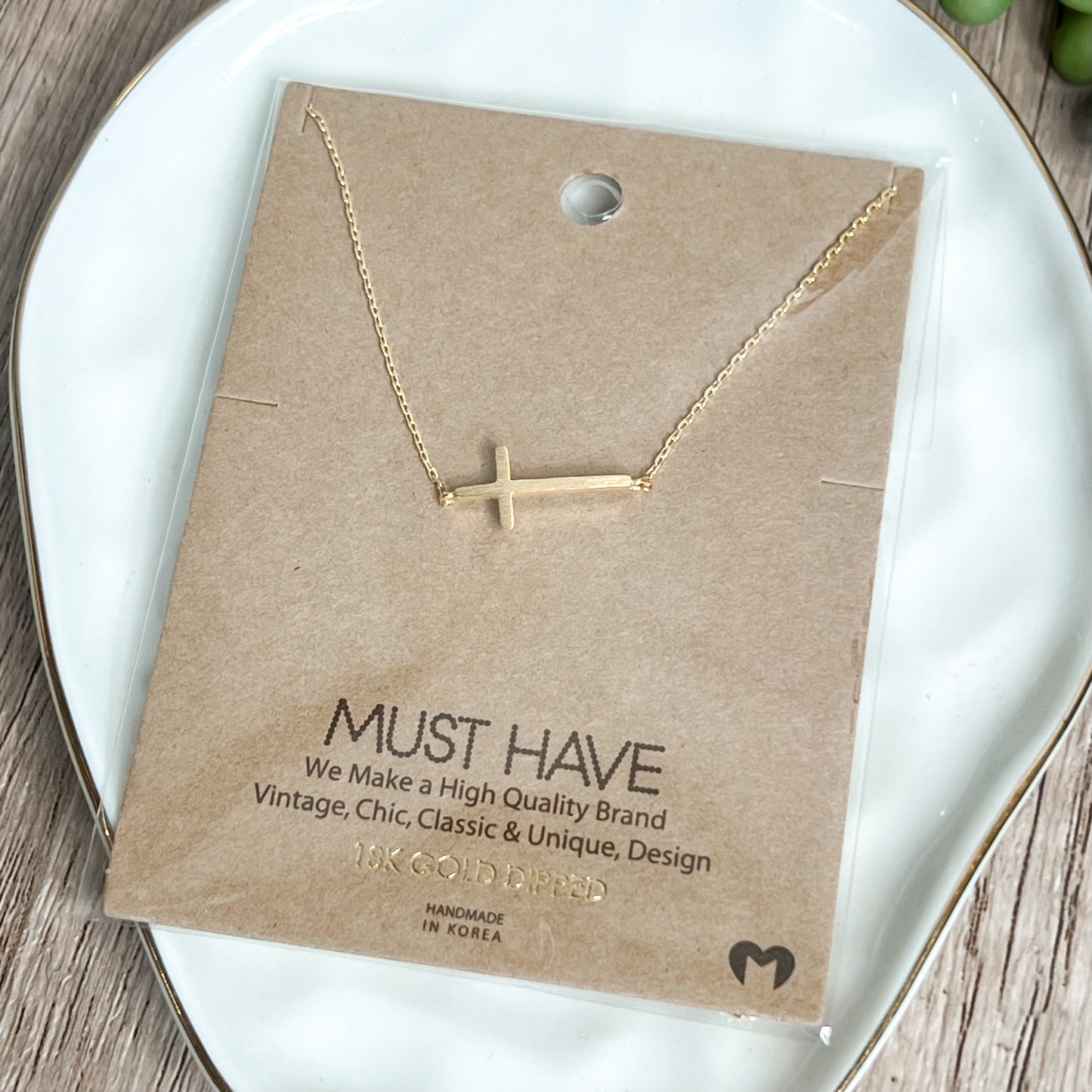18K Gold Dipped Side Cross Pendant Necklace