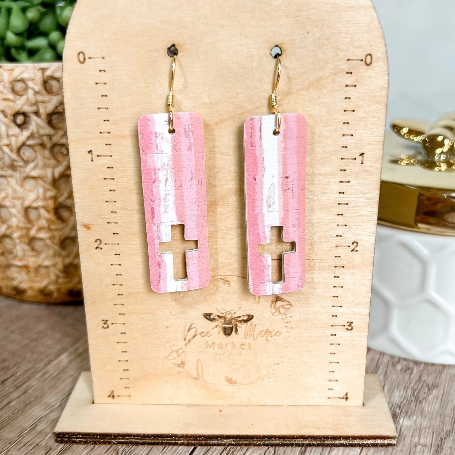 Pink Stripe Cutout Cross Bar Earrings