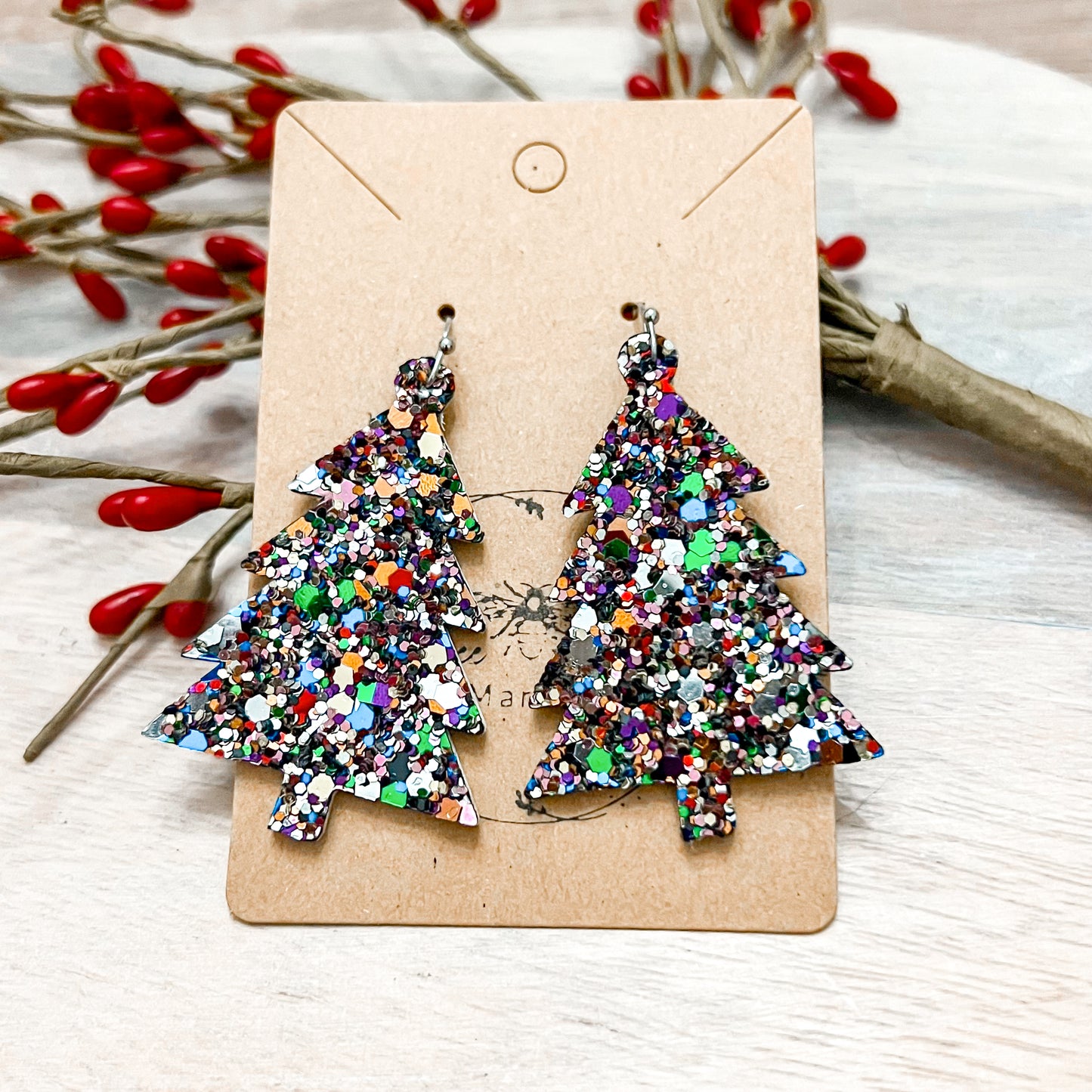 Fergie Glitter Genuine Leather Christmas Tree Earrings