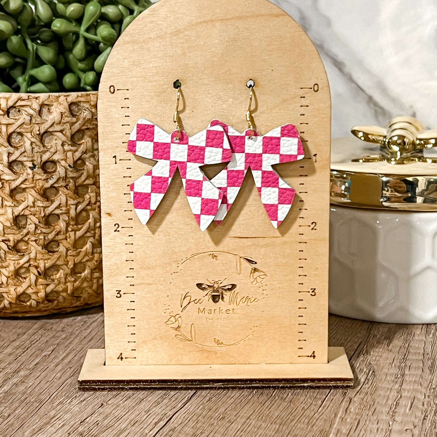 Hot Pink Checkerboard Bow Earrings