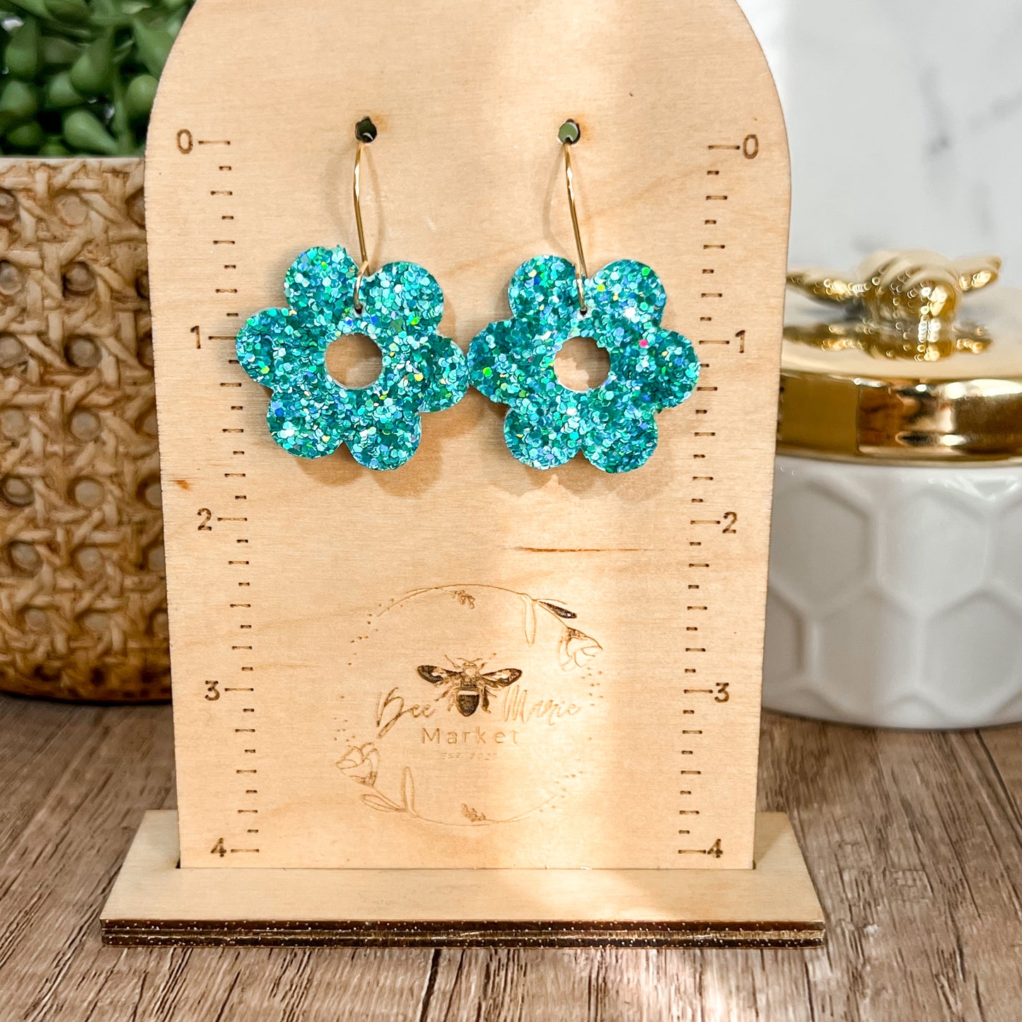 Teal Glitter Flower Earrings
