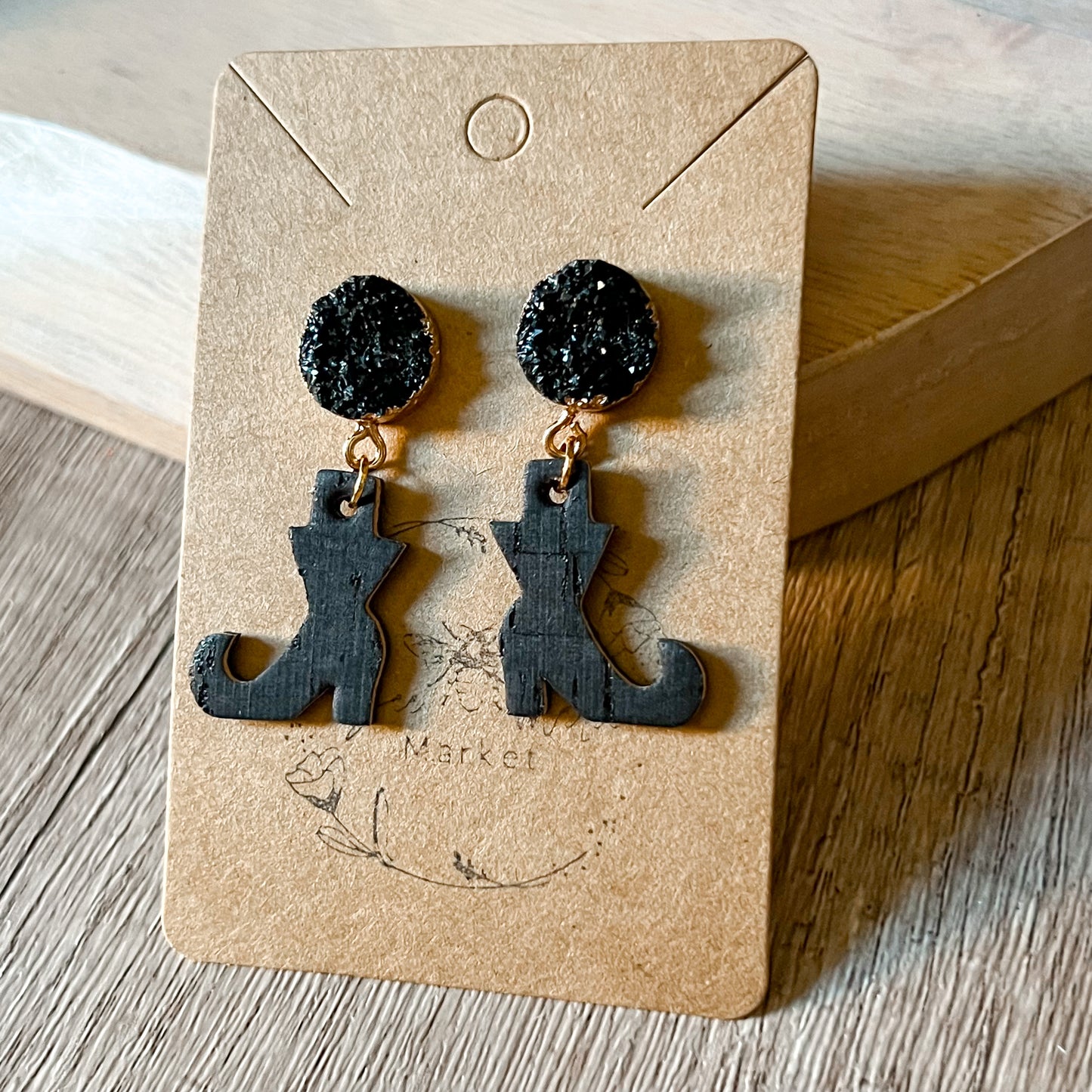 Black Druzy Witch Leather Boot Earrings