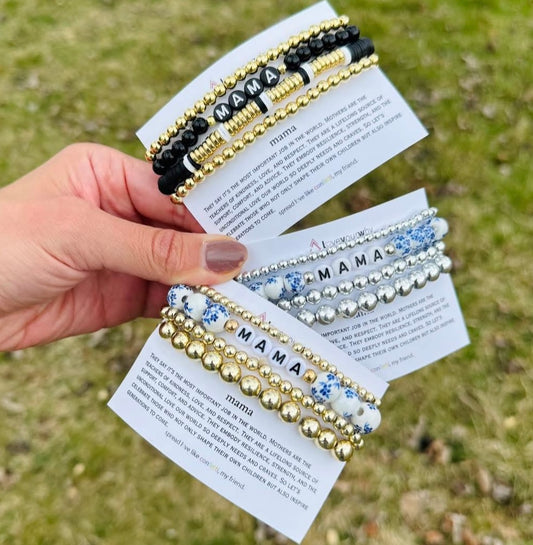 Mama Blue & White Beaded Stacked Bracelet Set