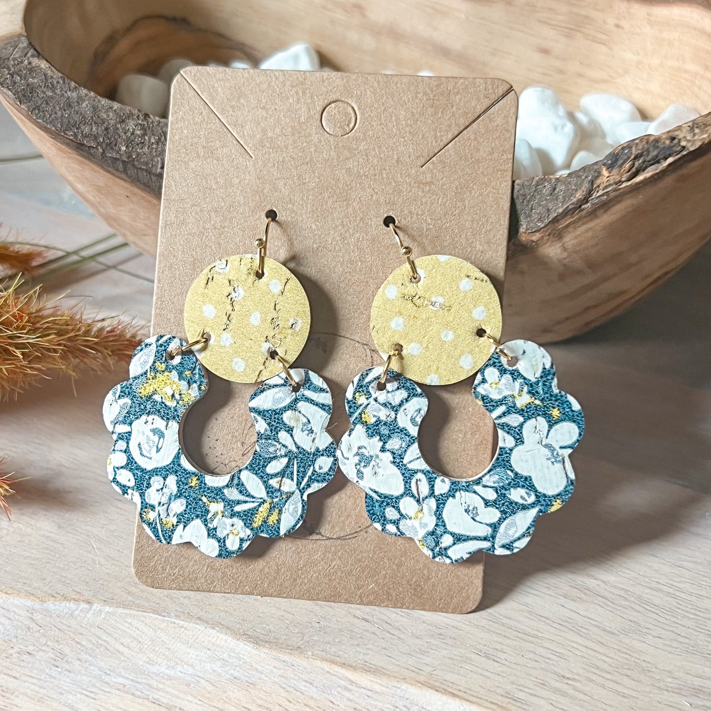 Navy Poppies & Yellow Polka Dot Scalloped Leather Earrings
