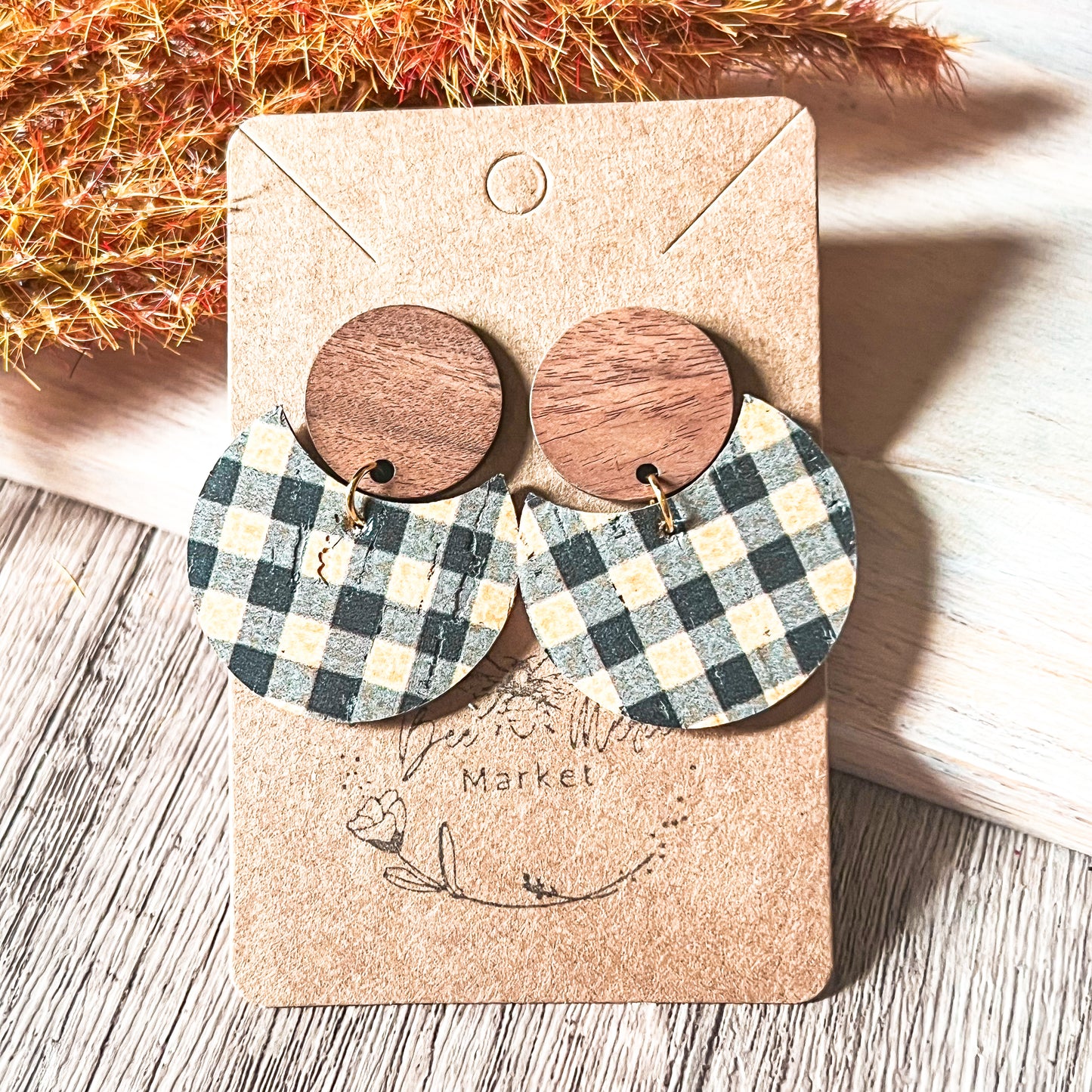 Mini Bumble Bee Buffalo Plaid Leather Earrings