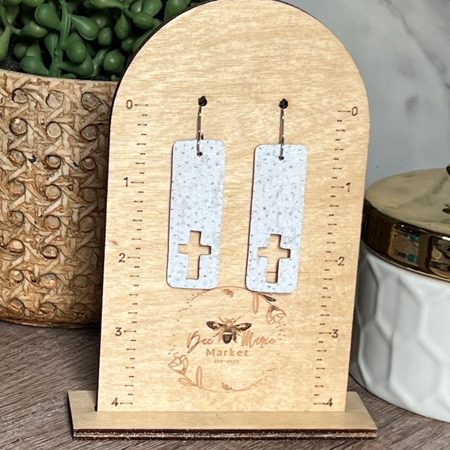 White Cutout Cross Bar Earrings