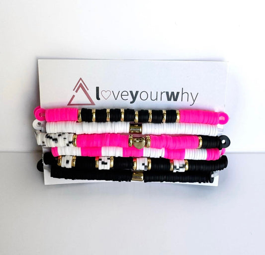 Hot Pink, Black & White Stacked Bracelet Set