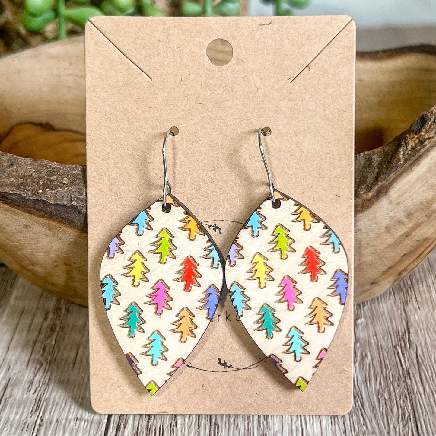 Colorful Forest Tree Earrings – Hand Painted Wood