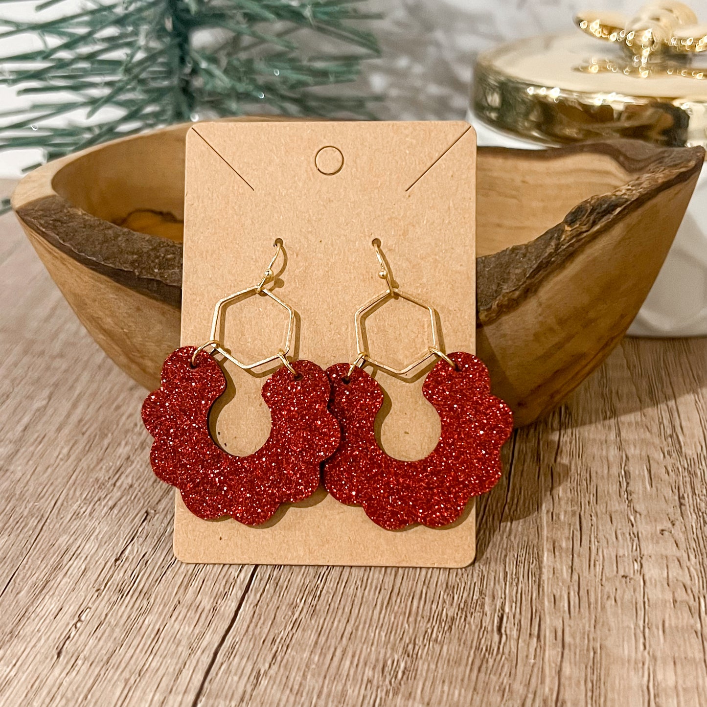 Ruby Red Glitter Scalloped Leather Earrings