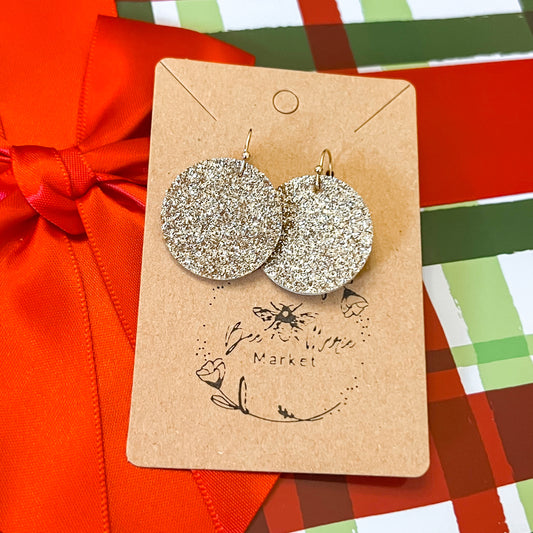 Gold Glitter Genuine Leather Round Earrings