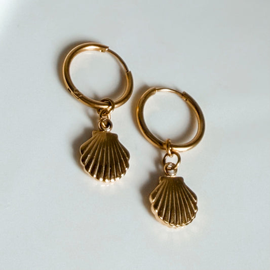 Golden Tide Shell Huggie Earrings - Waterproof