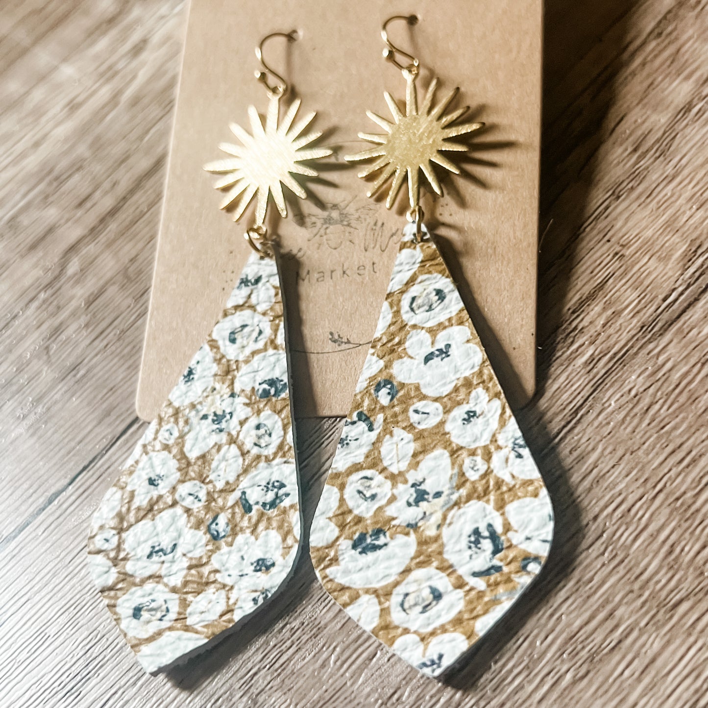 Mustard Poppy Floral Pointed Teardrop Leather Starburst Earrings