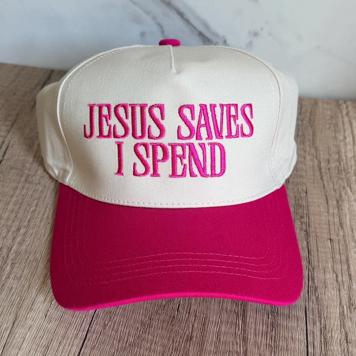 Jesus Saves, I Spend Embroidered Hot Pink Hat