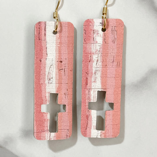 Pink Stripe Cutout Cross Bar Earrings